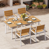 Oasbira Outdoor Dining Set for 4, Patio Table and Chairs Set with Umbrella Hole, 5 Pieces HDPS Outdoor Furniture Sets for Patio, Garden, Backyard (White & Teak) Oasbira