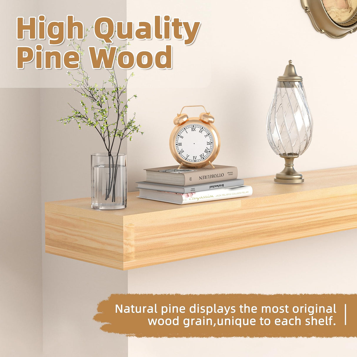 AZSKY Natural Wood Floating Fireplace Mantel Shelf 36 Inch Mantels for Over Fireplace Wall Mounted Farmhouse Fireplace Mantel Shelf with Invisible Bracket One Piece Floating Book Shelves AZSKY