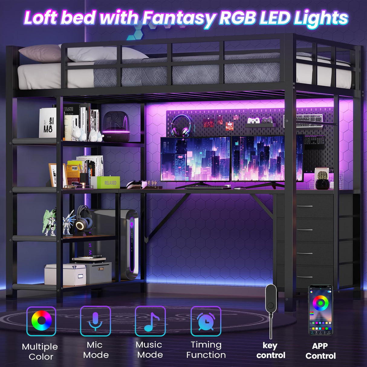 UPOSOJA Loft Bed Twin Size with L Shape Desk,4 Drawers,3-Tier Storage Shelves Metal Loft Bed Frame with Power Outlet and LED Lighted,No Box Spring Needed,Space-Saving,Noise Free,Black UPOSOJA