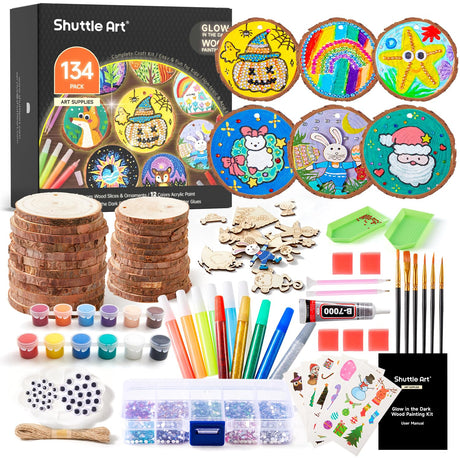 Kids Wood Painting Craft Kit, Glow-in-the-Dark Paint and Diamond Painting on Wood Slices with Stickers & Wiggle Eyes, Ideal Arts and Crafts for Kids Ages 5-12, Gifts for Halloween, Christmas, Birthday Shuttle Art