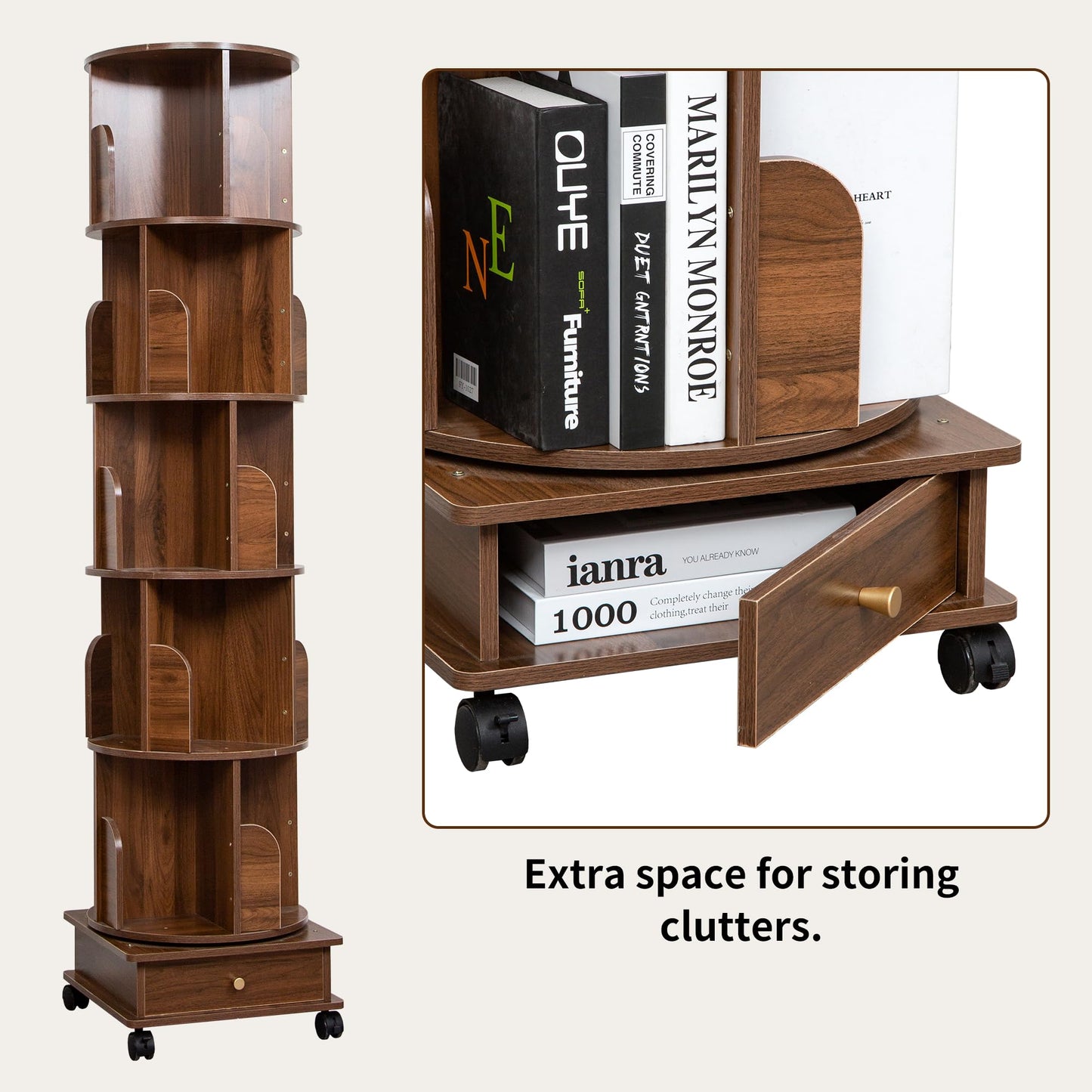 360-Degree Rotating Wooden Bookshelf Tower with Wheels and Storage Drawers - WoodArtSupply