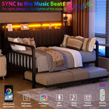 Daybed with Trundle and LED Light, Heavy Duty Metal Full Bed Frame with Upholstered Storage Headboard & Charging Station, Day Bed Pop Up Trundle Bed for Living Room,Bedroom and Guest Room, Brown Jocoevol