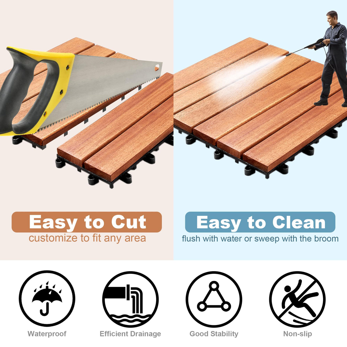 PrimeZone 27 PCS Solid Acacia Wood Interlocking Deck Tiles - 12" x 12" Waterproof Indoor Outdoor Patio Flooring Decking Tiles for Balcony, Backyard & Poolside, All Weather Use, Natural Wood PrimeZone