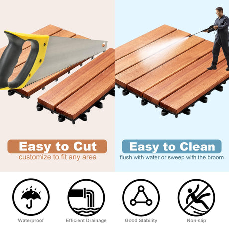 PrimeZone 27 PCS Solid Acacia Wood Interlocking Deck Tiles - 12" x 12" Waterproof Indoor Outdoor Patio Flooring Decking Tiles for Balcony, Backyard & Poolside, All Weather Use, Natural Wood PrimeZone