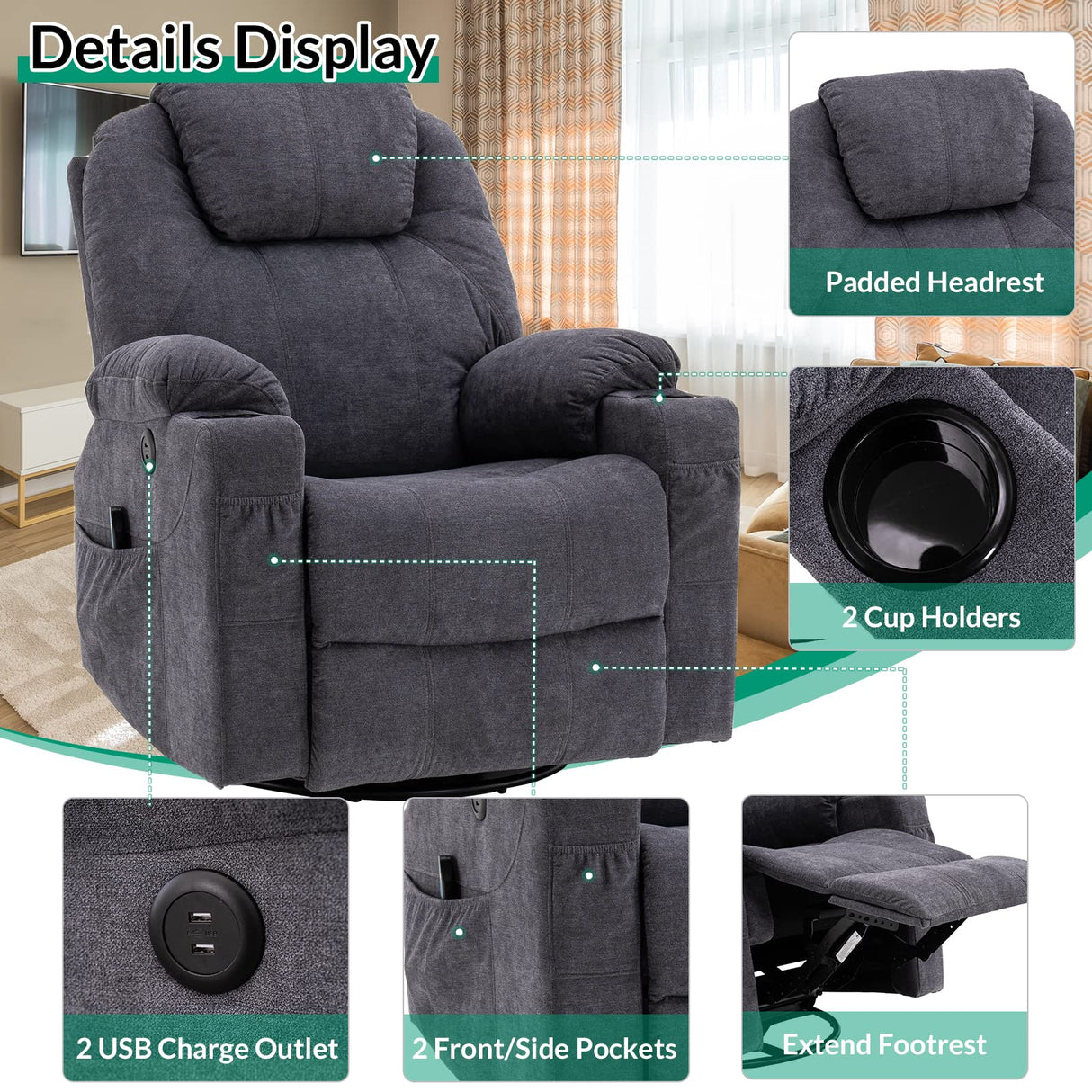 VIVIJASON Manual Massage Rocker Recliner Chair, 360° Swivel Glider Lounge Chair with Heat Ergonomic Home Theater Recliner Sofa with 2 Cup Holders, Side Pockets & USB Ports for Living Room, Grey VIVIJASON