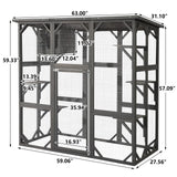 JOVNO Large Outdoor Cat House Catio Kitty Enclosure with Large Enter Door, Wooden Cat Cage Condo Indoor Playpen with 6 Platforms & Small House (Grey) JOVNO