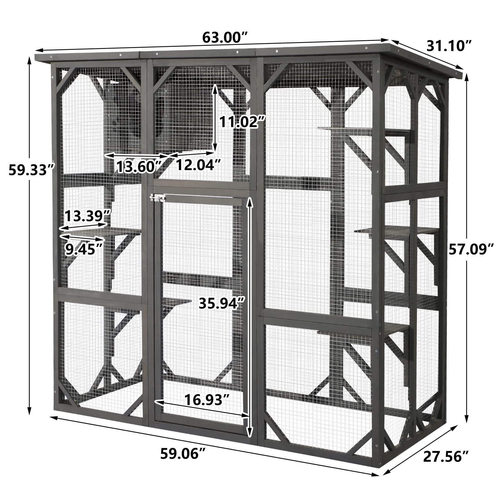 JOVNO Large Outdoor Cat House Catio Kitty Enclosure with Large Enter Door, Wooden Cat Cage Condo Indoor Playpen with 6 Platforms & Small House (Grey) - WoodArtSupply