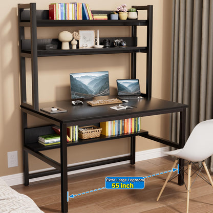 Aquzee 55-Inch Black Computer Desk with Hutch and Bookshelves for Space-Saving Storage - WoodArtSupply