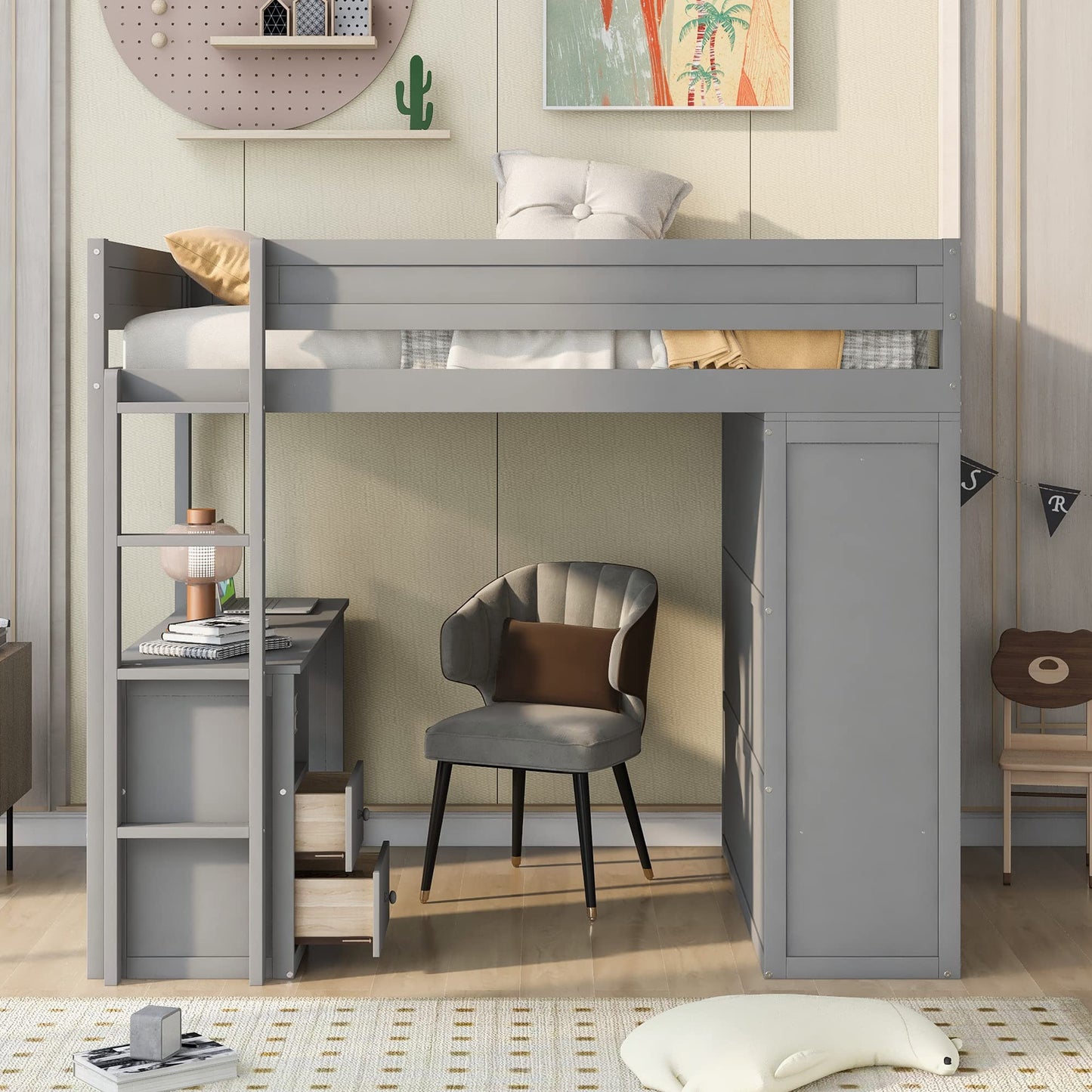 LostCat Grey Full Size Loft Bed with Desk, Drawers, and Wardrobe for Kids and Teens - WoodArtSupply