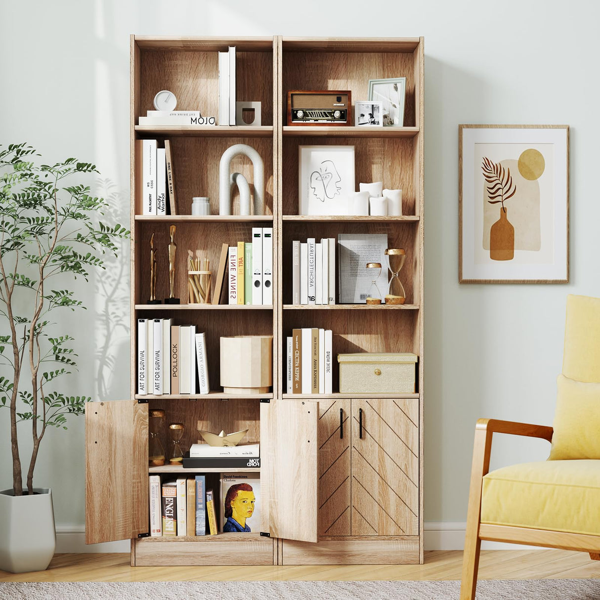 Giantex 6-Tier Bookshelf with Double Doors, 71" Tall Bookcase w/ 4 Open Cubes & 3 Adjustable Shelves, Mid Century Display Cabinet, Modern Floor Storage Organizer for Living Room, Study, Oak (1) Giantex