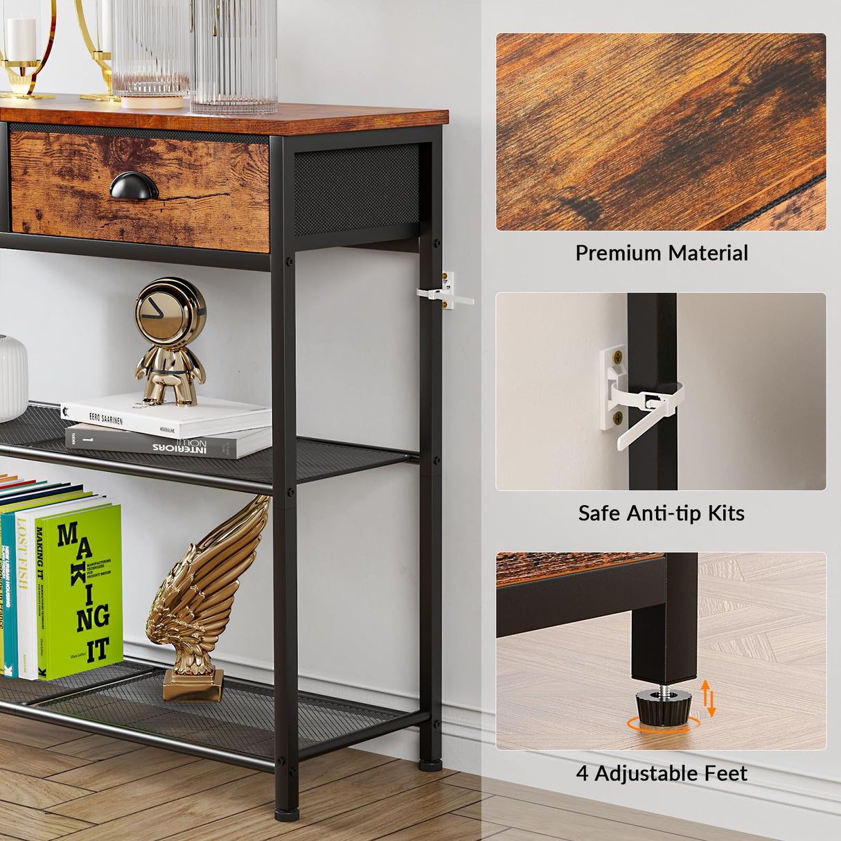 Furologee Console Sofa Table with Storage Shelf, Small 30'' Entryway Table with 2 Fabric Drawers, Industrial Table for Entry Way, Display Shelf for Hallway, Entrance, Foyer, Rustic Brown Furologee