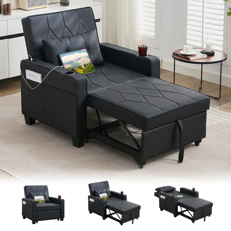 TYBOATLE Leather Convertible Sleeper Chair Bed for Adults, 3-in-1 Pull Out Sofa Chair Bed with USB/Type-C Ports, Cup Holders, Side Pockets, Single Sofa for Living Room, Bedroom, Office (Black) TYBOATLE