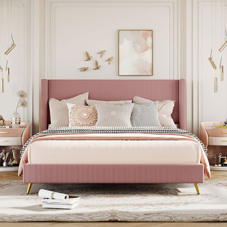 Harper & Bright Designs Pink Corduroy Queen Platform Bed Frame with Headboard and Strong Wooden Slats, Non-Slip and Noise-Free, Upholstered Queen Size Bed Frame for Bedroom, No Box Spring Needed Harper & Bright Designs