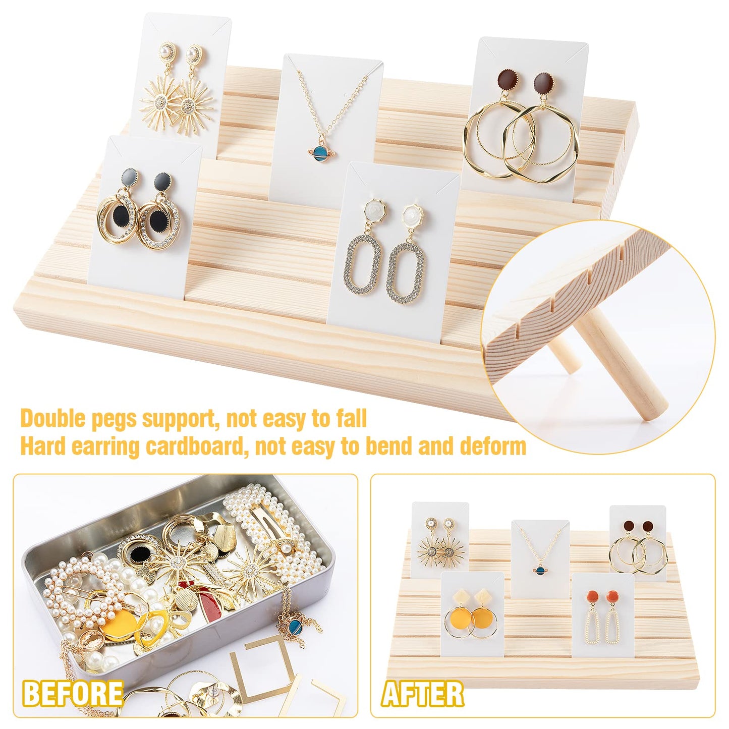 Wooden Earring Display Stands- Portable Wooden Earring Display Holder with 2 Detachable Pegs+ 200pcs Earring Cardboard for Selling Earring Jewelry Show Business Card Holder Display (Wood Color)