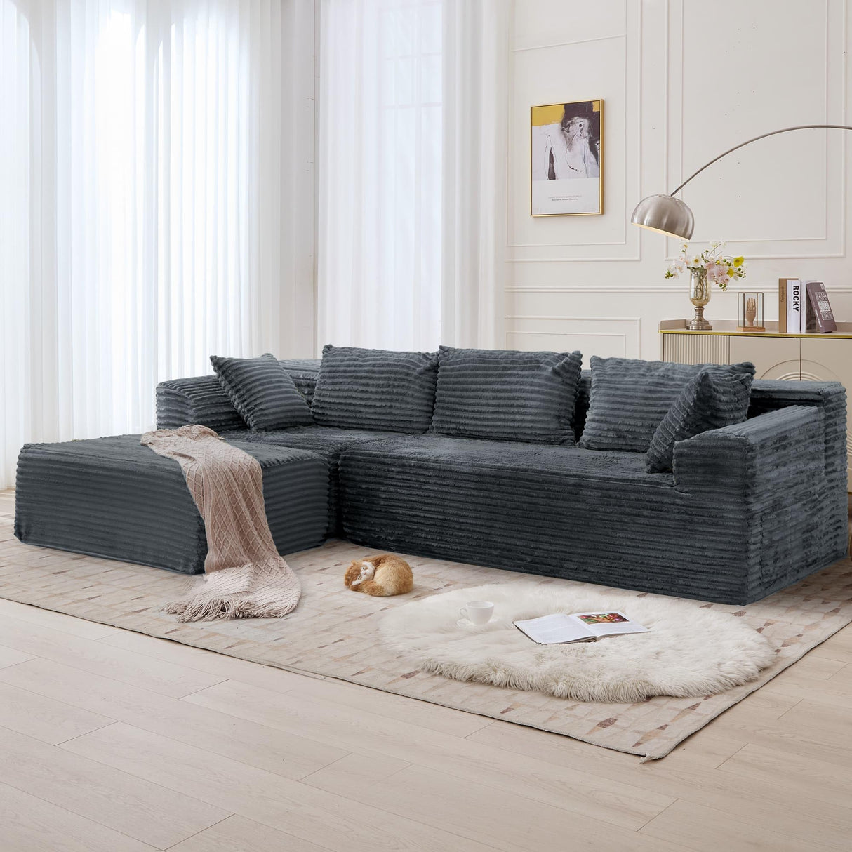 Korser 108" Sectional Couches for Living Room, Modular Sectional Sofa with L-Shape Chaise, Cloud Couch, Comfy Corduroy Fluffy Couch with Deep Seat and Side Pockets, No Assembly Required Korser