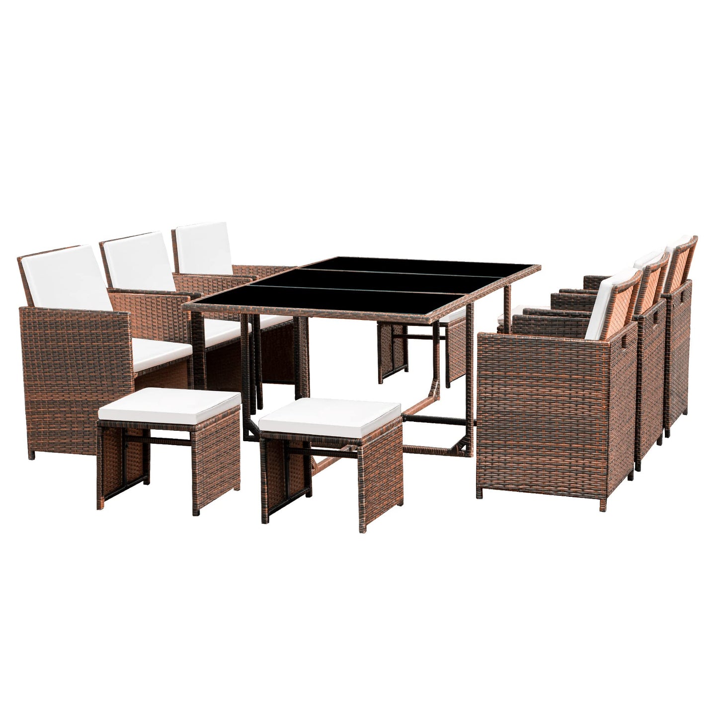 Devoko 11 Pieces Patio Dining Sets Space Saving Outdoor Dining Table and Chairs Set Wicker Rattan Patio Table Set with Ottoman (Beige) - WoodArtSupply