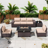 ALAULM 7 Pieces Patio Furniture Set with Fire Pit Table 55000BTU, Oversized Seat/Armrest and High Back Wicker Conversation Set with Thick Cushion for Backyard, Garden, Sand ALAULM