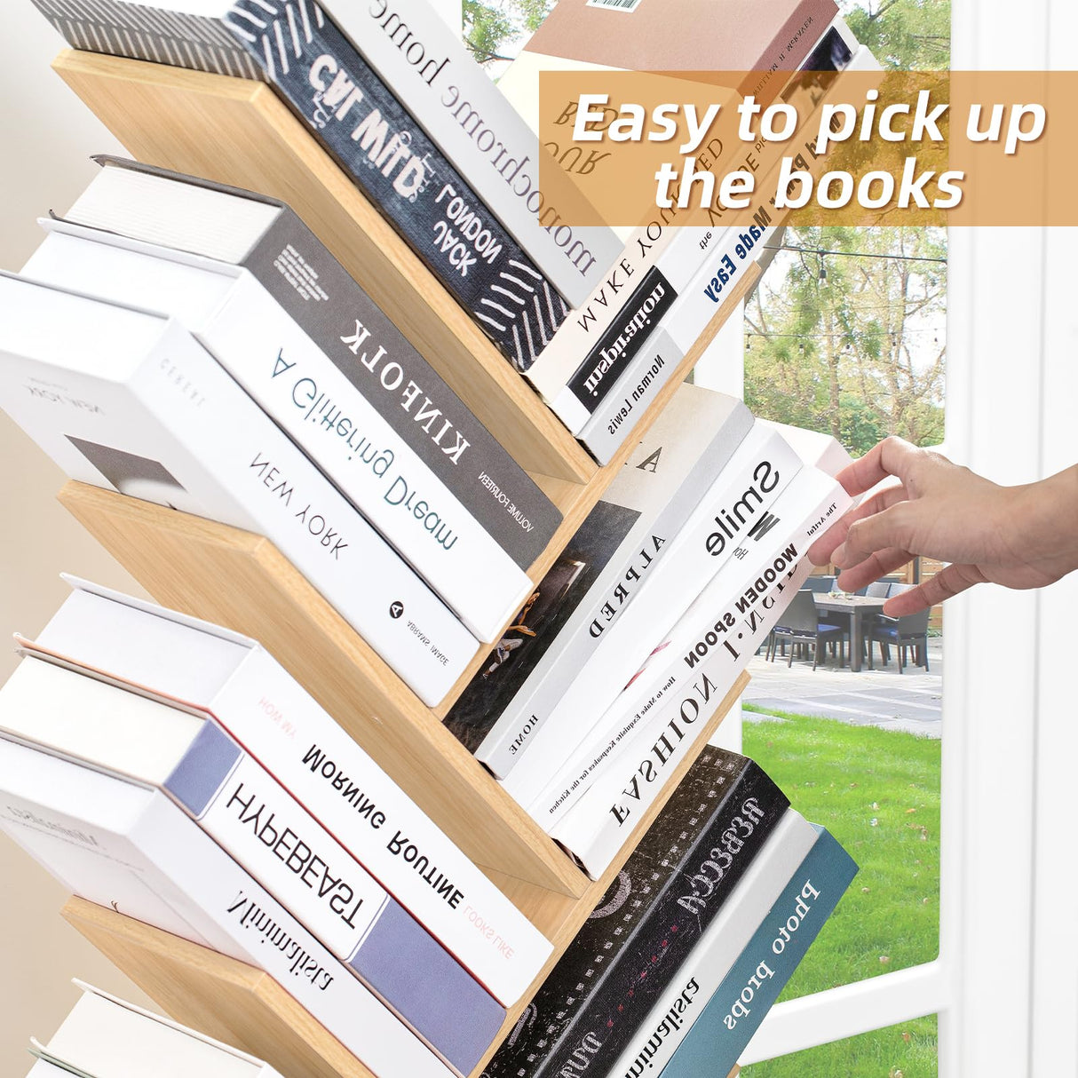 SHEEPAM 8-Tier Natural Wood Tree Bookshelf with Drawer for Home Office and Living Room Storage SHEEPAM