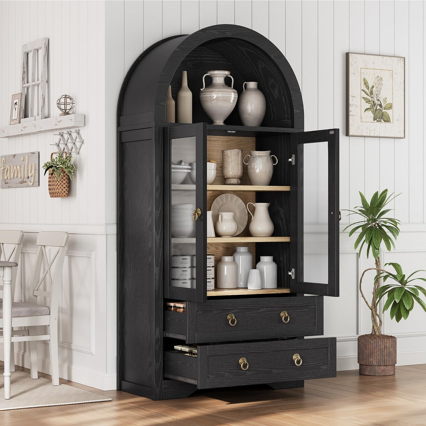 Kitchen Pantry Cabinet,Arched Cabinet,Pantry Cabinet, Arched Bookshelf/Bookcase,China Cabinet, 71“ Tall Pantry Storage Cabinet with Doors/Shelves/Drawers for Living Room, Kitchen, Dining Room,Black