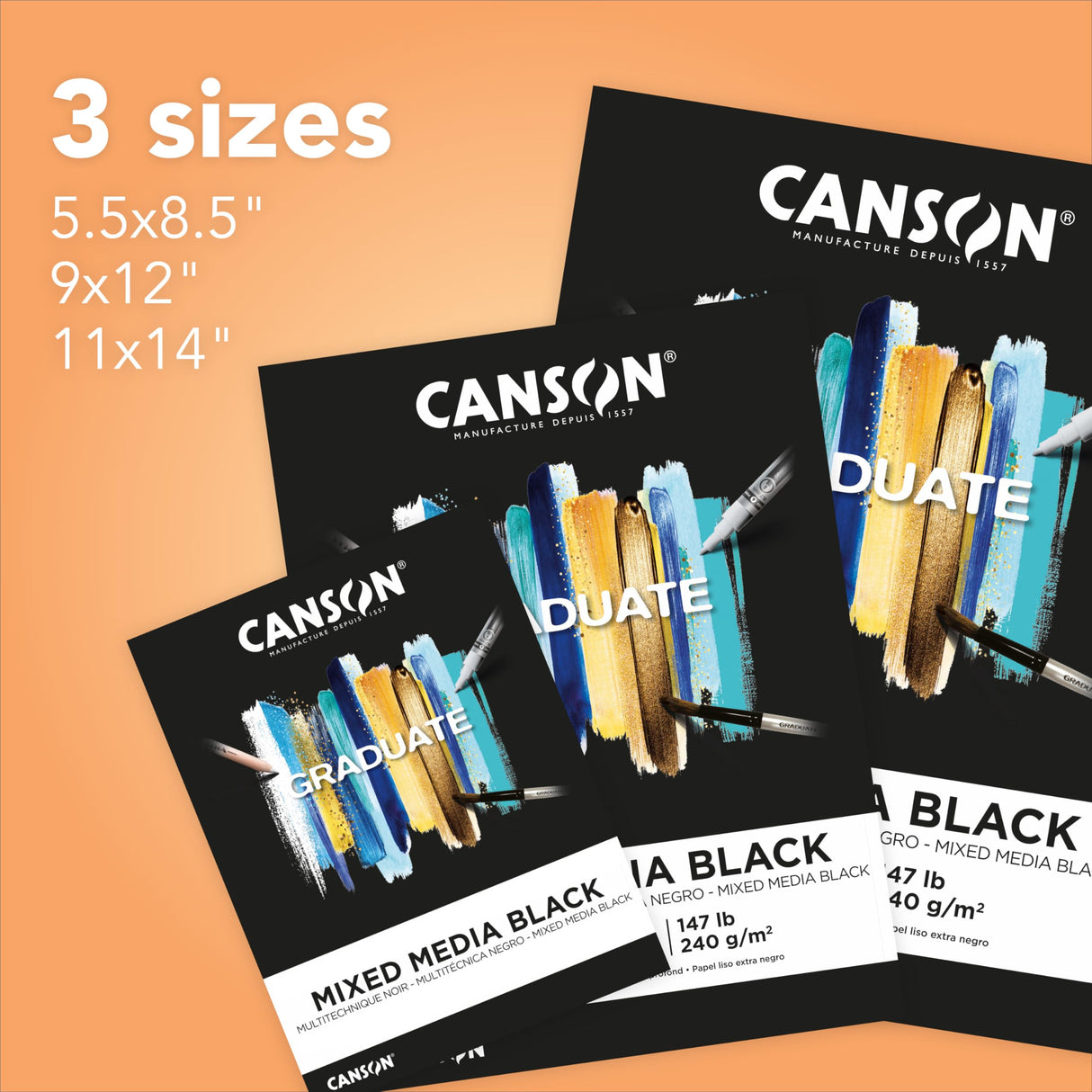Canson Graduate Black Mixed Media Pad, Foldover, 9x12 inches, 12 Sheets - Artist Paper for Collage, Watercolor, Ink, Pencil, Marker Canson