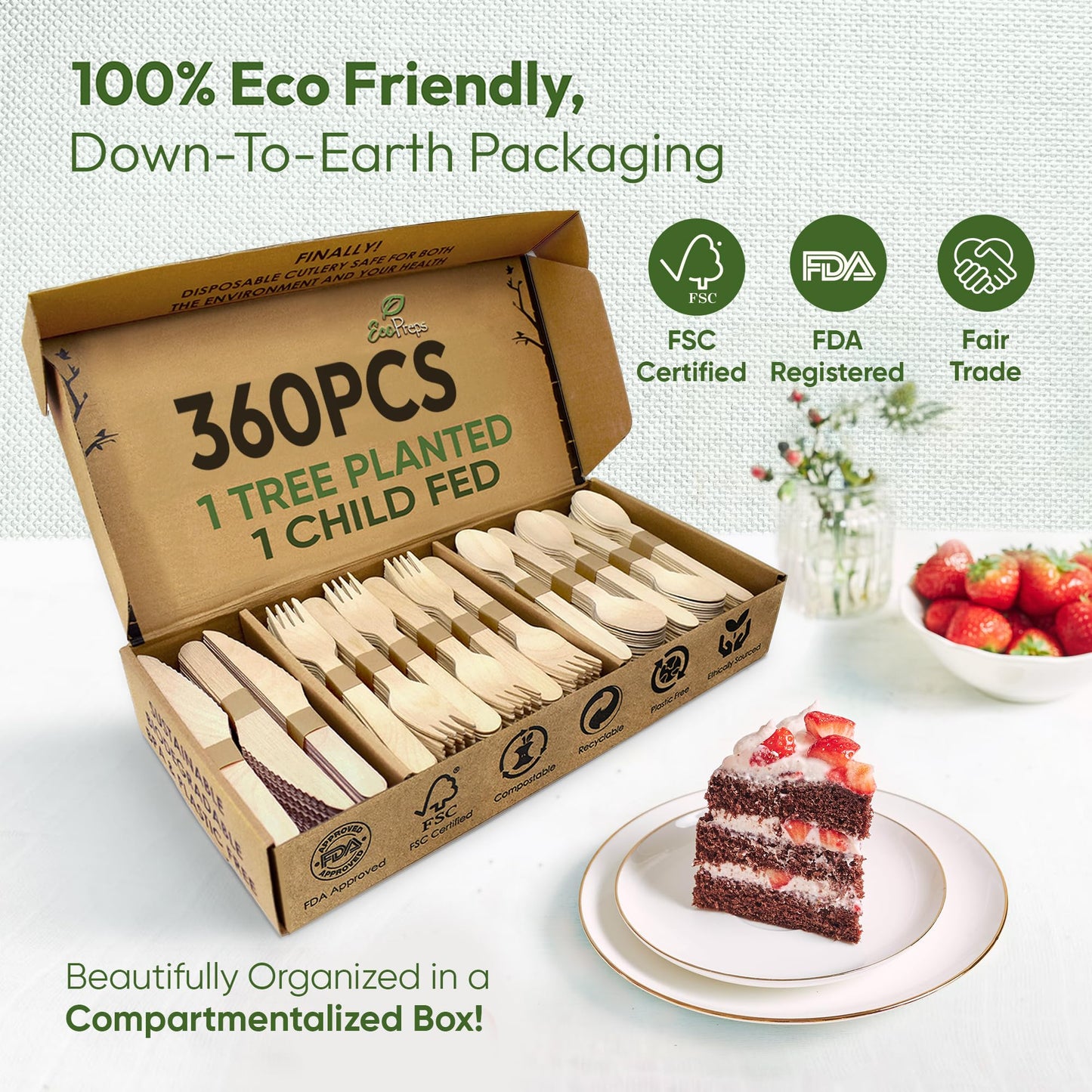 EcoPreps 100% Compostable Wooden Cutlery Set (360 PCS - 150 Forks, 125 Spoons, 85 Knives) Eco-Friendly, Natural, Biodegradable Disposable Utensils Set | Birch Wood Disposable Forks, Knives, and Spoons