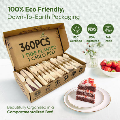 EcoPreps 100% Compostable Wooden Cutlery Set (360 PCS - 150 Forks, 125 Spoons, 85 Knives) Eco-Friendly, Natural, Biodegradable Disposable Utensils Set | Birch Wood Disposable Forks, Knives, and Spoons