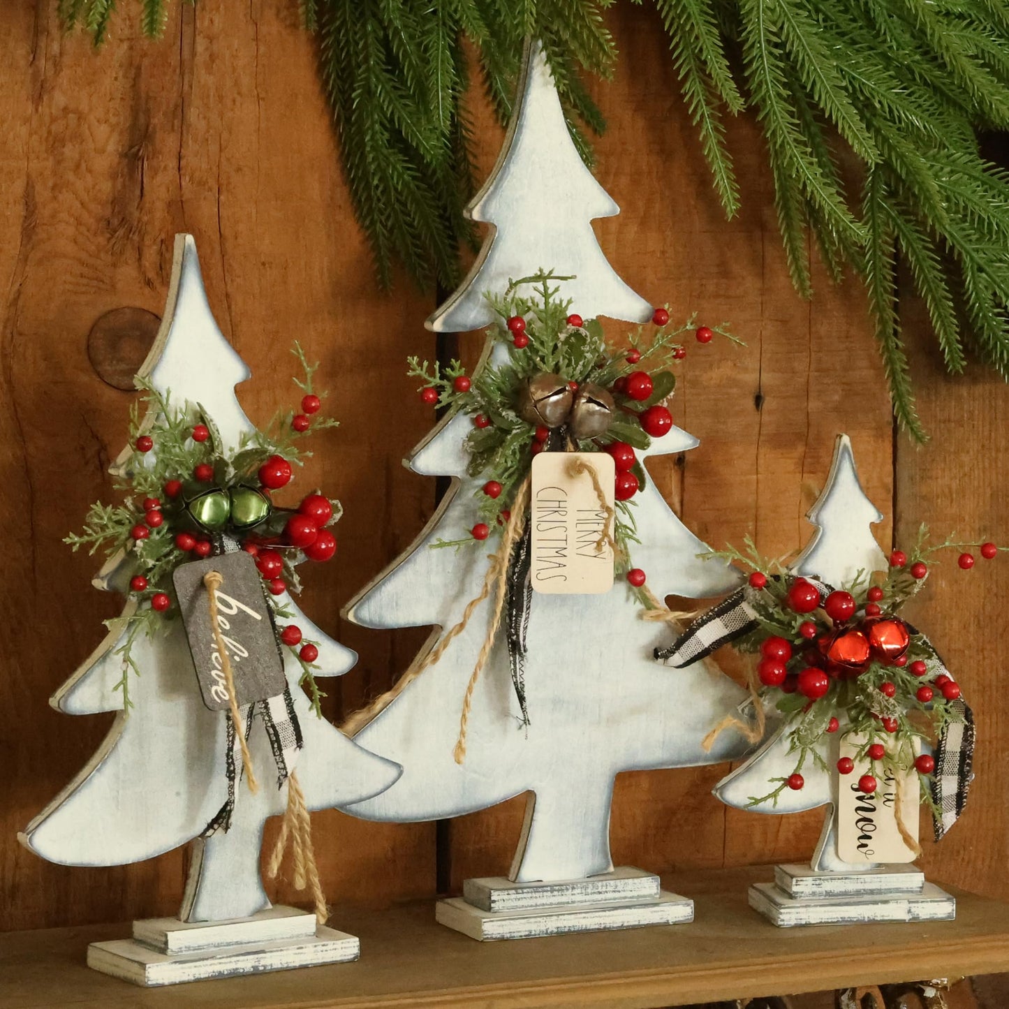 Set of 3 Wooden Christmas Tree Decor with Jute Jingle, Farmhouse Festive Decorations for Home, Christmas Table Decor with Rectangular Base (White)