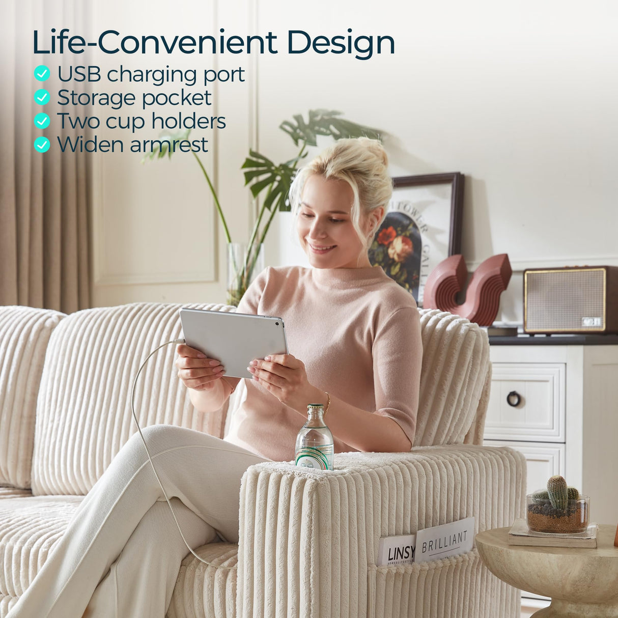 LINSY HOME Sectional Sleeper Sofa with Pull Out Couch Bed - Convertible Plush Corduroy Cloud Couch with Storage Chaise & USB Charging, Comfy U Shaped Modular Couches for Living Room, Beige LINSY HOME