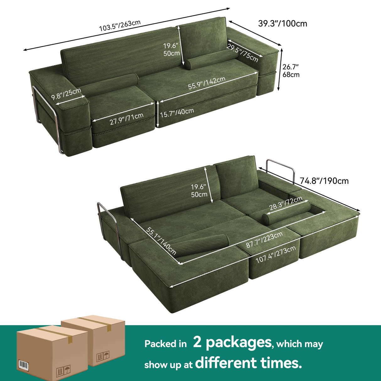 YITAHOME Convertible Cloud Sectional Couch, Comfy Corduroy Sectional Sofa with Deep Seat & High Pillows, Modern Easy-Clean Modular Sectional Sofa for Living Room Bedroom, Green YITAHOME