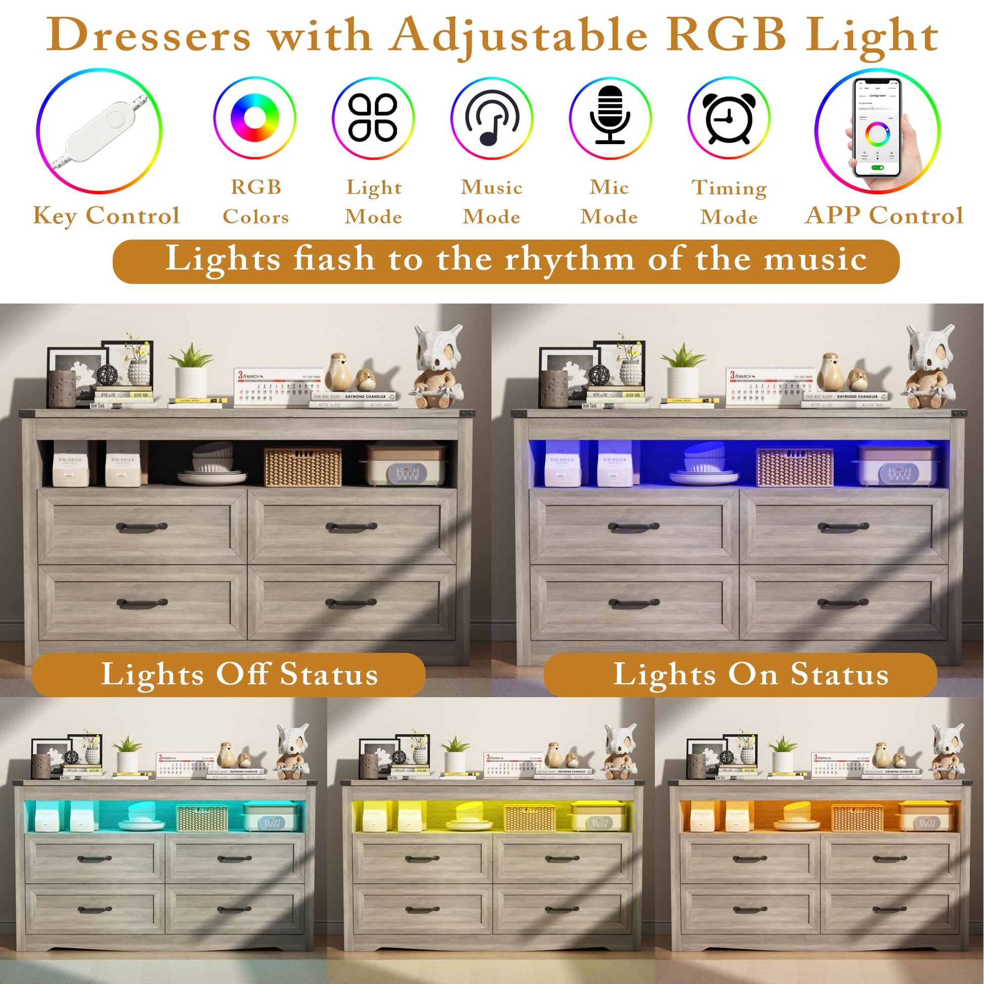 Wodeer 4 Drawer Dresser Chests with LED Light,Wide Chest of Drawers with Metal Handles,Wood Dresser for Storage and Organization for Bedroom,Living Room, Nursery,Hallway,Gray - WoodArtSupply