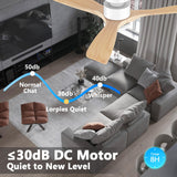 52 Inch Smart Flush Mount Ceiling Fans with Lights Remote,Wood Outdoor Indoor Ceiling Fan,WIFI Alexa App Control,Quiet DC Motor,Modern Low Profile Fan LED Lighting for Bedroom Patio,White & Light Wood Lorpies