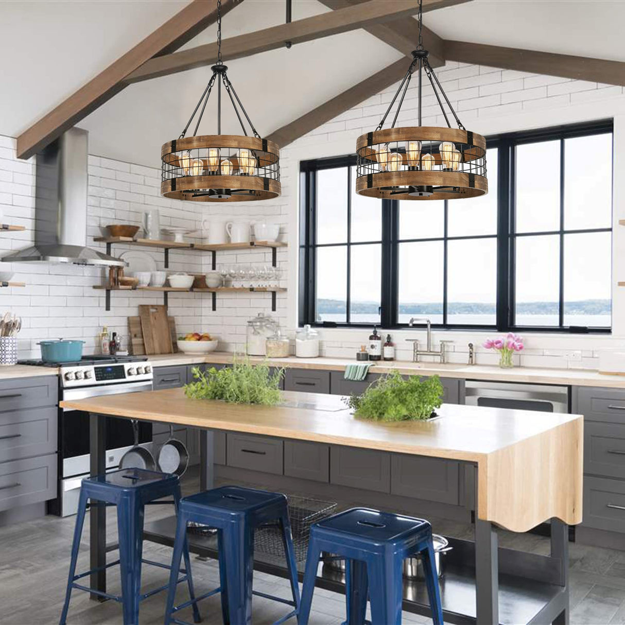 6-Light Farmhouse Wood Chandelier for Dining Room, Rustic Foyer Light Fixtures, Industrial Drum Hanging Lights for Kitchen Island Entryway, Nature Wood Texture and Black Metal Finish WOAEKR