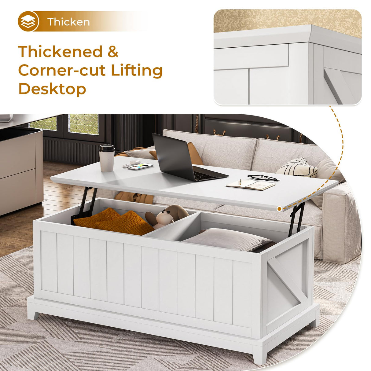 UPOSOJA 48” Lift Top Coffee Table for Living Room, Coffee Tables with Large Storage & Fence Design, Coffee Table lifting top for Living Room Rustic Center Table for Home and Office, White UPOSOJA