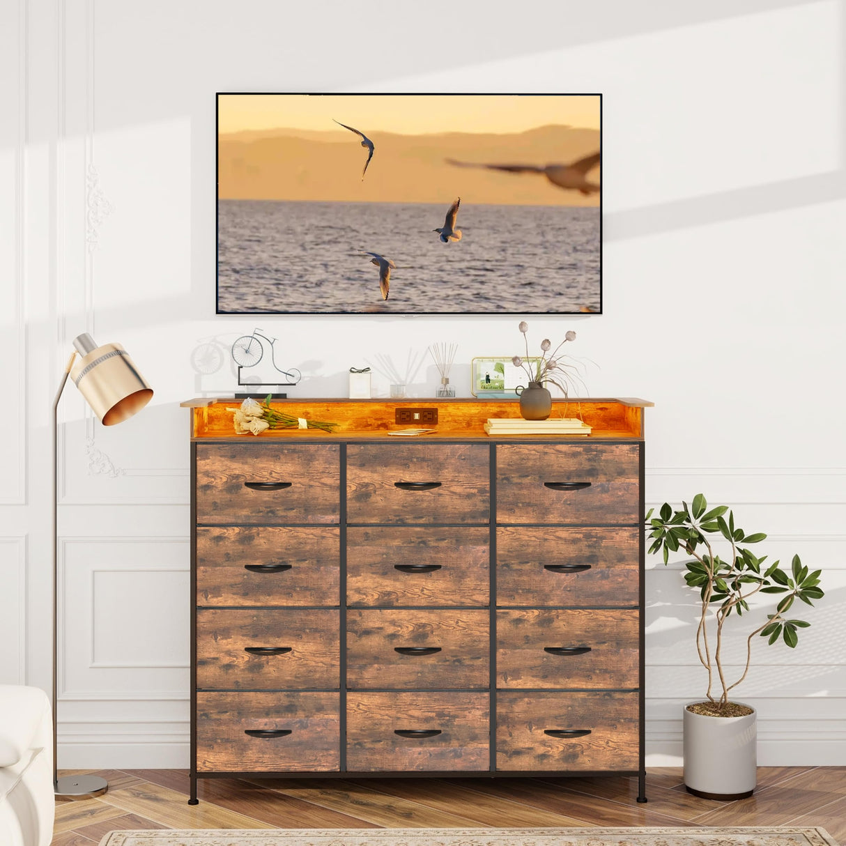 Welfuturer Dresser for Bedroom with 12 Drawers Clothes Dresser with Charging Station and LED Light Fabric Storage Tower for Living Room Hallway Closet Sturdy Steel Frame Wooden Top Rustic Brown Welfuturer