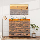 Welfuturer Dresser for Bedroom with 12 Drawers Clothes Dresser with Charging Station and LED Light Fabric Storage Tower for Living Room Hallway Closet Sturdy Steel Frame Wooden Top Rustic Brown Welfuturer