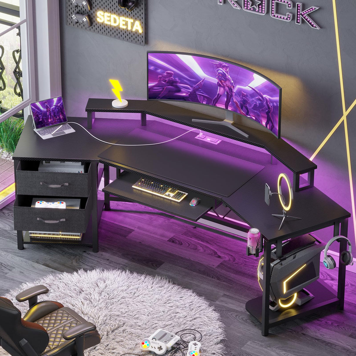 SEDETA 79" Gaming Desk, Computer Desk with 2 Fabric Drawers & LED Light, L Shaped Gaming Desk with Storage Shelf for Home Office, Carbon Fiber Black SEDETA