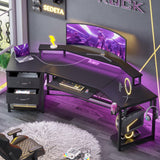 SEDETA 79" Gaming Desk, Computer Desk with 2 Fabric Drawers & LED Light, L Shaped Gaming Desk with Storage Shelf for Home Office, Carbon Fiber Black SEDETA
