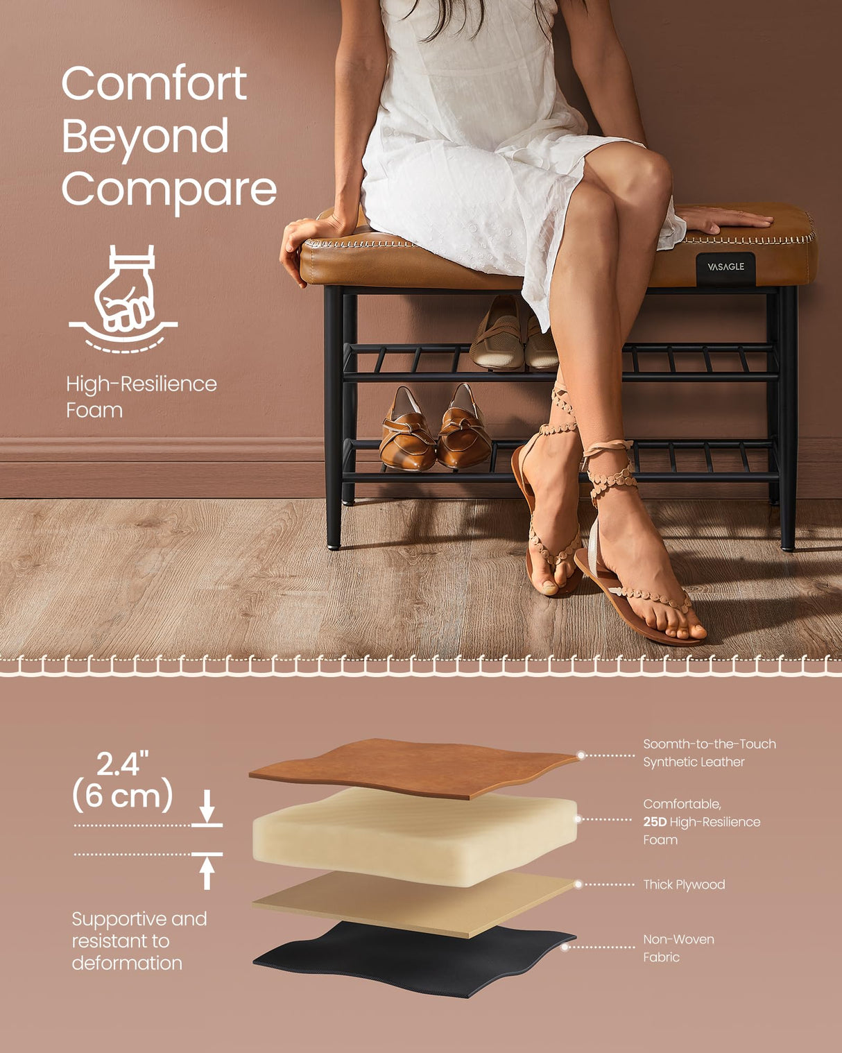 VASAGLE EKHO Collection - Shoe Rack Bench, Storage Bench for Entryway, Synthetic Leather with Stitching, Mid-Century Modern, Loads 300 lb, 11.8 x 31.5 x 19.7 Inches, Caramel Brown ULSB054K01 VASAGLE