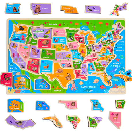 Montessori Mama Wooden USA Map Puzzle and World Continents and Oceans Map Puzzle (USA Map Puzzle) Montessori Mama