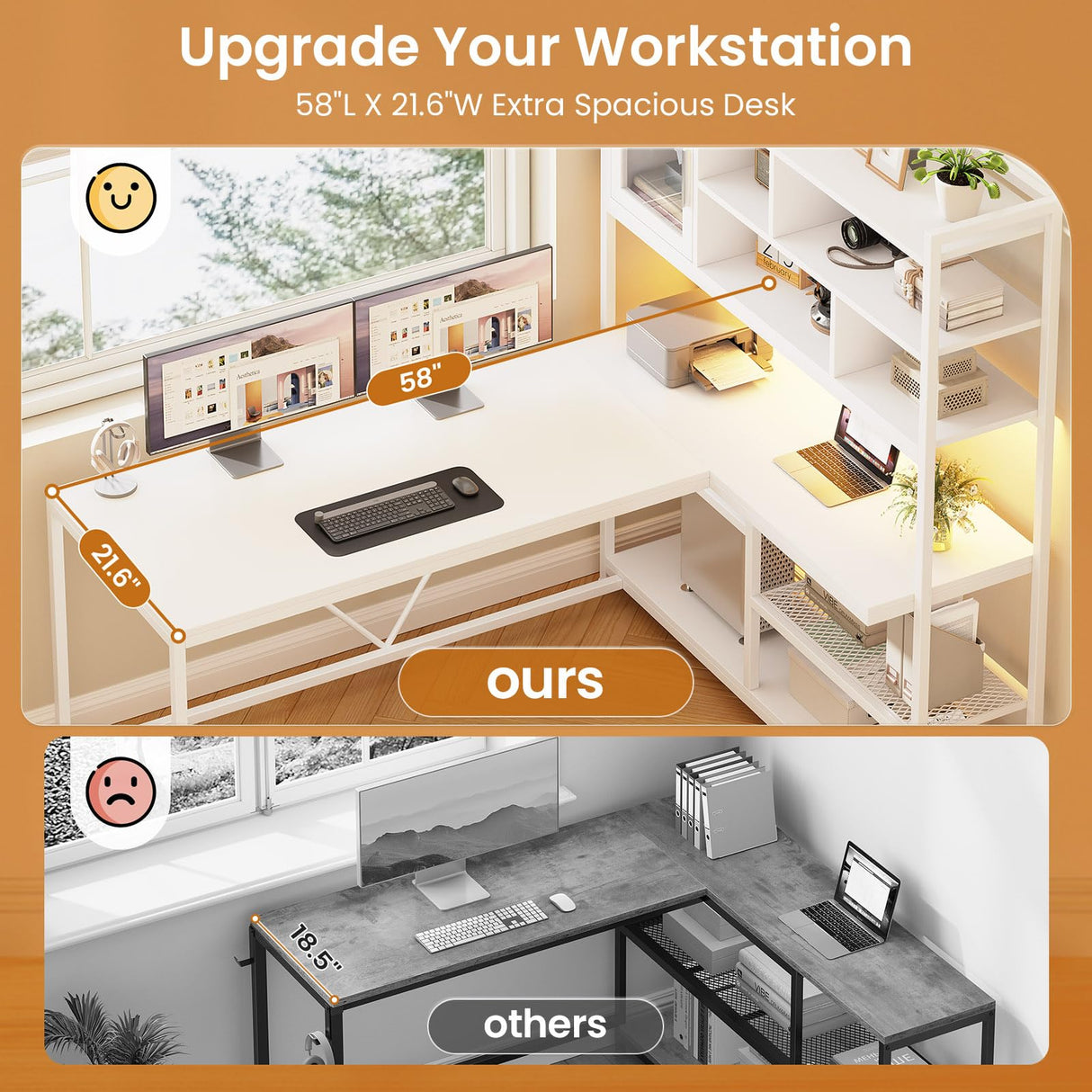 SEDETA L Shaped Computer Desk, 58'' Office Desk with LED Light and Bookshelf, L Shaped Corner Desk with Storage Shelves for Home Office, Gaming Desk, L Desk, White SEDETA