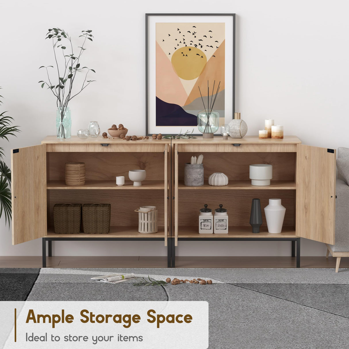 XIAO WEI Set of 2 Buffet Sideboard with Handmade Natural Rattan Doors, Rattan Cabinet Storage Cabinet Console Table Accent Cabinet, for Dining Room, Living Room, Kitchen, Natural XIAO WEI