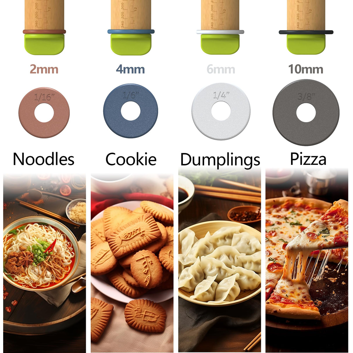 Aguegro Rolling Pin with Adjustable Thickness Ring, Dough Thickness for Baking, Fondant, Pizza, Crust, Cookies, Pastry, 13.6" Wooden Rolling Pin with 4 Multi-Color Thickness Rings Aguegro