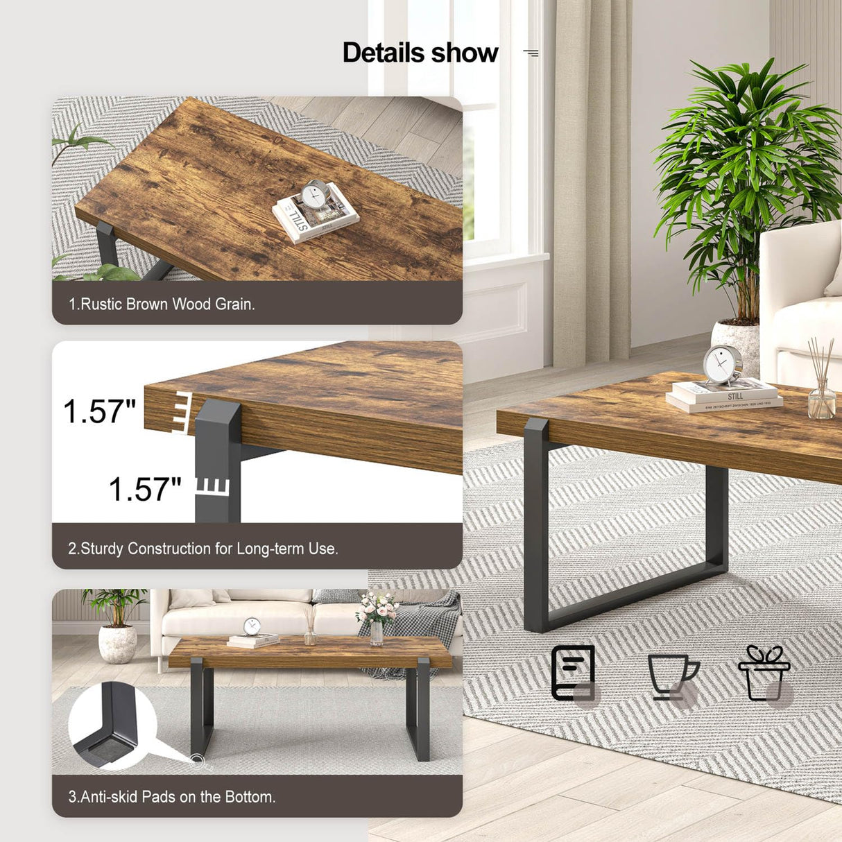 EXCEFUR Modern Coffee Table, Industrial Wood and Metal Center Table, Cocktail Tea Table for Living Room Home Office, Rustic Brown, 44 Inch EXCEFUR