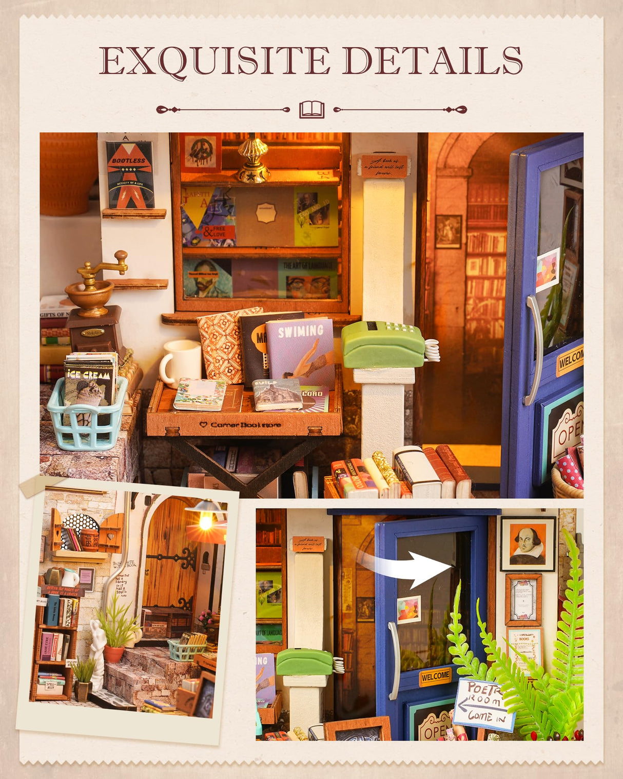 Rolife DIY Miniature House Kit 1:20 Scale Bookstore, Build Mini House Building Kit with LED Lights Craft Kits for Aduls Gifts for Him Her Rolife