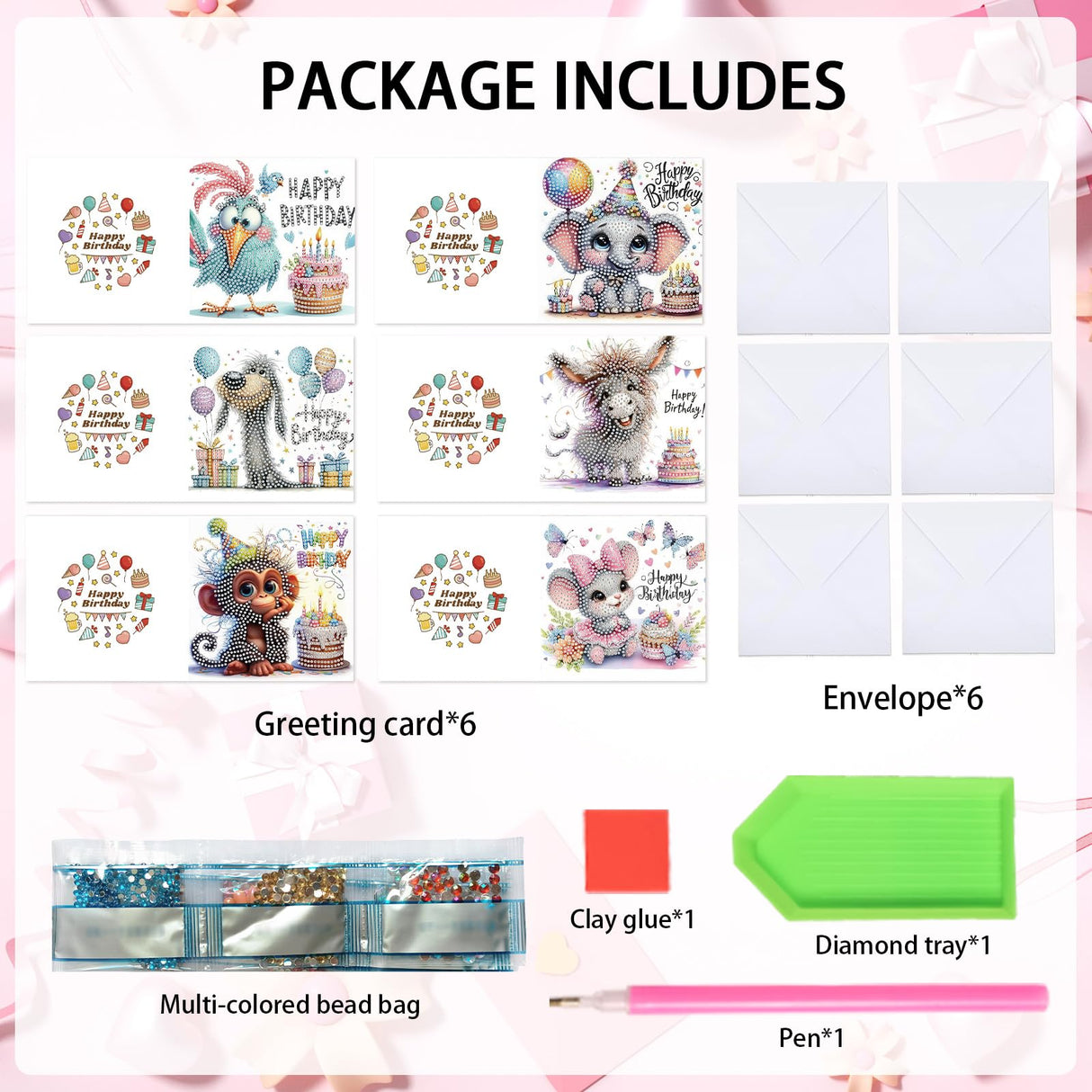 6-Pack Pets Birthday Diamond Painting Greeting Card Kits, Special Shaped Diamonds Painting, DIY Handcraft for Relatives and Friends with Wishes,Unique Design Crafting for Birthday Cards Focart
