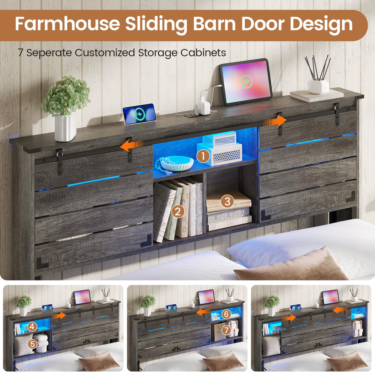 VIAGDO Wooden Bed Frame Queen Size with Bookcase Headboard and Sliding Barn Door, Farmhouse Queen Bed Frame with Charging Station, LED Lights and 4 Storage Drawers, No Box Spring Needed, Grey VIAGDO