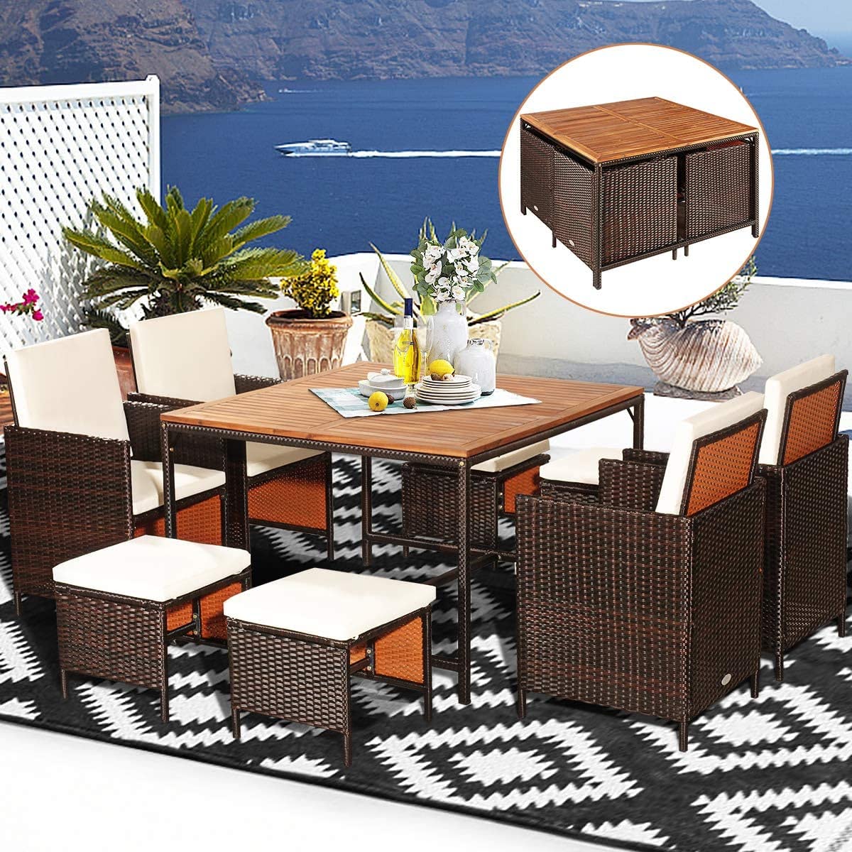 HAPPYGRILL 9-Pieces Patio Dining Set Outdoor Dining Furniture Set with Cushioned Seating, Space-Saving Dining Table with Acacia Wood Tabletop Rattan Wicker Chair and Ottoman Sets for Backyard Garden HAPPYGRILL