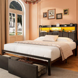 Furnulem Full Size Bed Frame with Headboard, Bed Frame Full Size with Storage Drawers, Charging Station and LED Lights, Metal Platform No Box Spring Needed, Upholstered Headboard, Noise Free, Black Furnulem