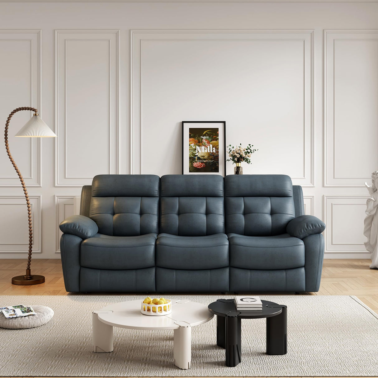 Familymill Genuine Leather Manual Reclining Sofa Couch with Drop Down Table, Stainless Steel Cupholders, and Magazine Bag for Living Room Home Theater Office Familymill