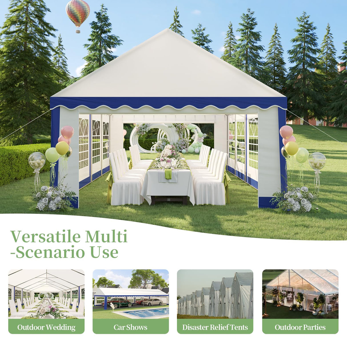 LUXOAK 13x26FT Large Outdoor Event Shelter, Wedding Party Tent with Sidewall Windows & 2 Side Doors, Heavy Duty Canopy Gazebo Tent for Garden Patio Carport/White with Blue Stripes LUXOAK
